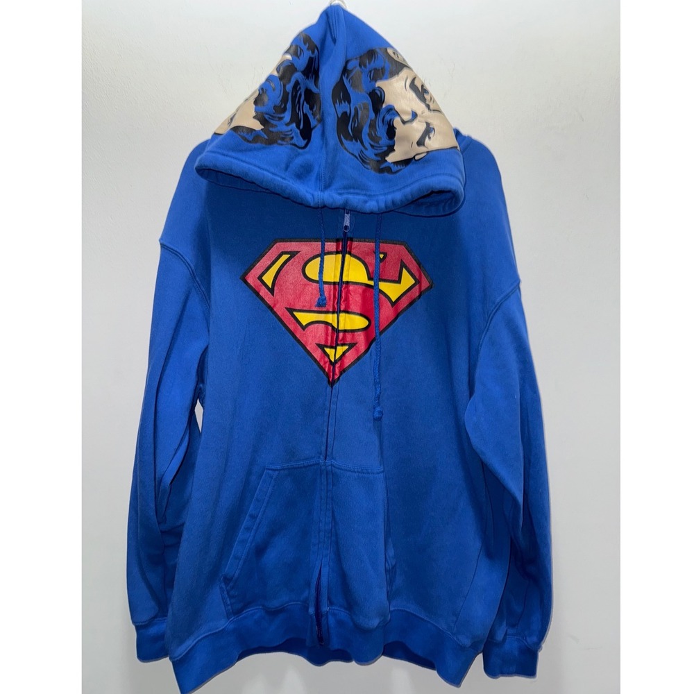 Superman DC Comics Mens L Blue Full Zip Hoodie Comic Print Hood Logo Sweatshirt